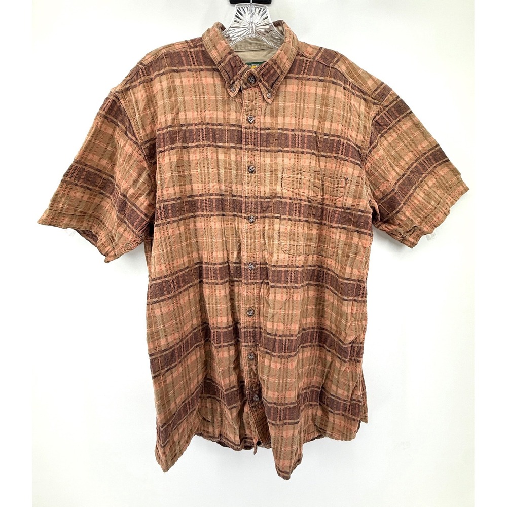 Cabelas Mens Large Tall Brown Plaid Short Sleeve Button Down Cotton Shirt Rugged